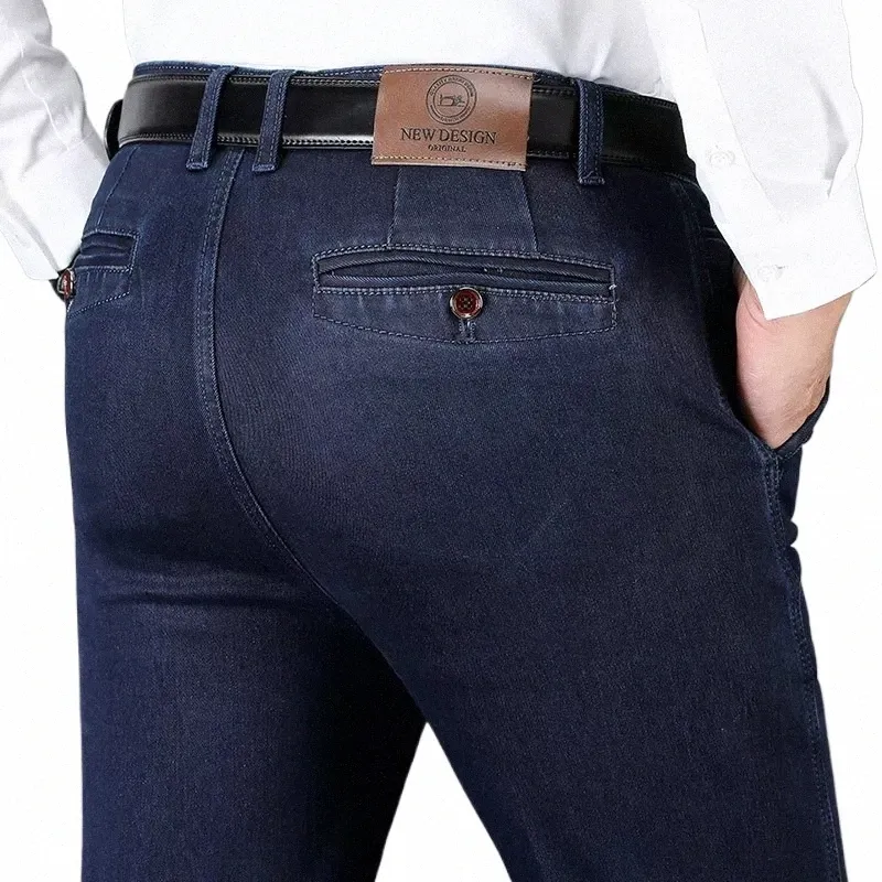 Automne et hiver classique hommes taille haute busin jeans bleu foncé droite élasticité denim pantalon mâle marque pantalon épais D1Mq #