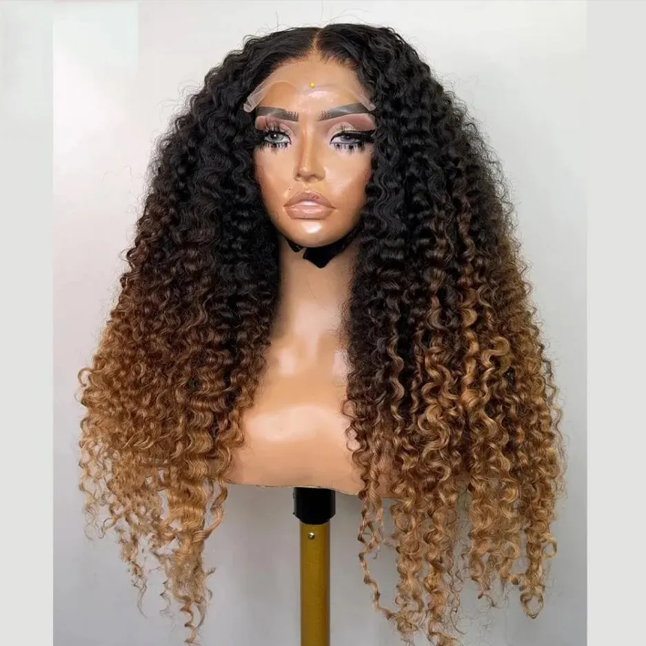 Perruque Lace Front Wig bouclée ombrée blonde brune, 26 pouces de long, densité 180, cheveux de bébé pour femmes noires, résistants à la chaleur, pré-épilés, sans colle