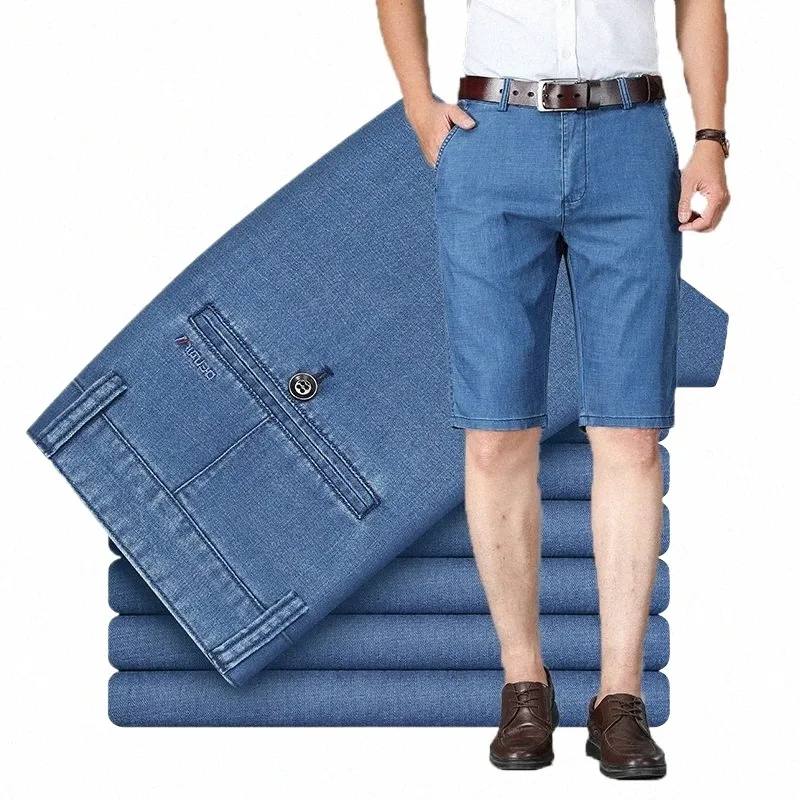 Verano marca masculina pantalones hasta la rodilla hombres negro elasticidad pantalones cortos de mezclilla clásico busin casual estiramiento jeans rectos i07z #