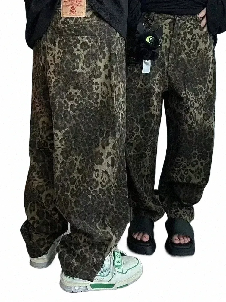 american Vintage Leopard Print Pants Wed Hip-hop Fi Trend Street Rap High Waisted Straight Y2K Loose Drag Pants Jeans z6iS#
