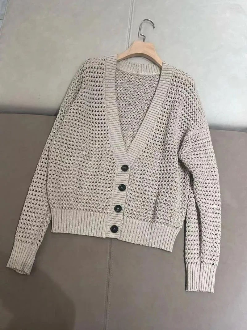 Kvinnors stickor V-ringning Bead Chain Hollow Linen Långärmad Cardigan Jacket U-HECK VEST Tvådelar Set Kvinna