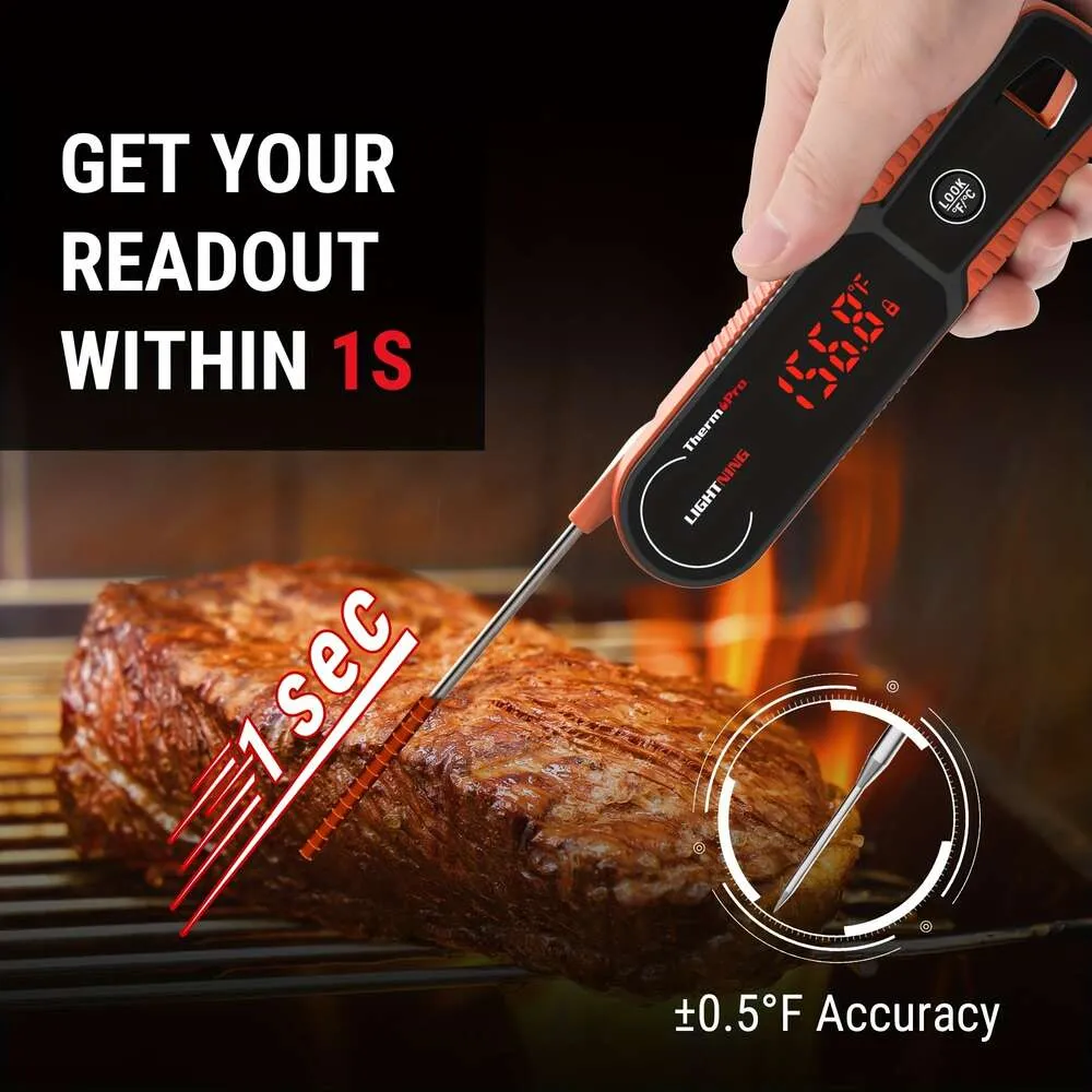 Hermopro Lighing One-secon Instant Rea Meat Calibrate Kitchen Foo with Smart Display Waterproof Cooking Thermometer for Frying R Grill Batteries Not