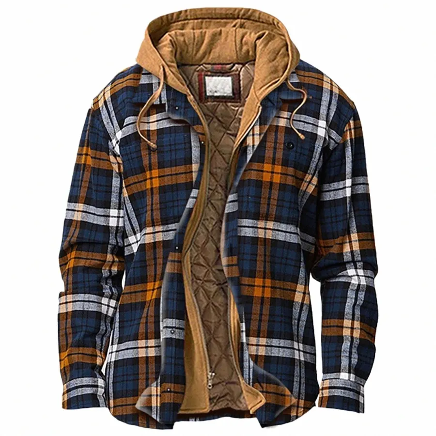 men's Quilted Lined Butt Down Plaid Shirt Add Veet To Keep Warm Jacket With Hood d7CZ#