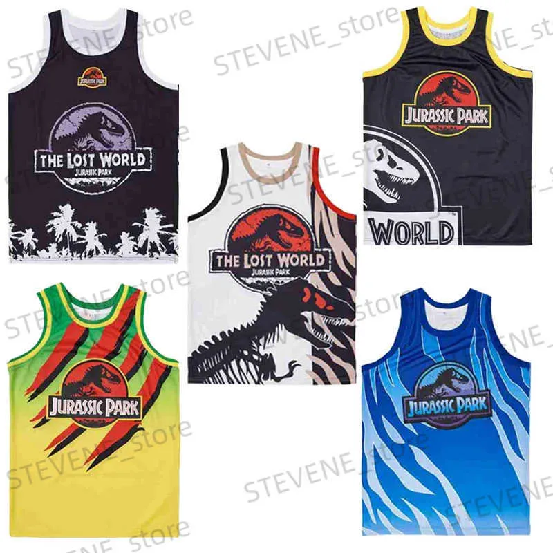 Homens camisetas Basquete Jerseys O Mundo Perdido Jurassic Park Truck Jersey Costura Bordado de Alta Qualidade Esportes Ao Ar Livre Amarelo Preto Azul T240325