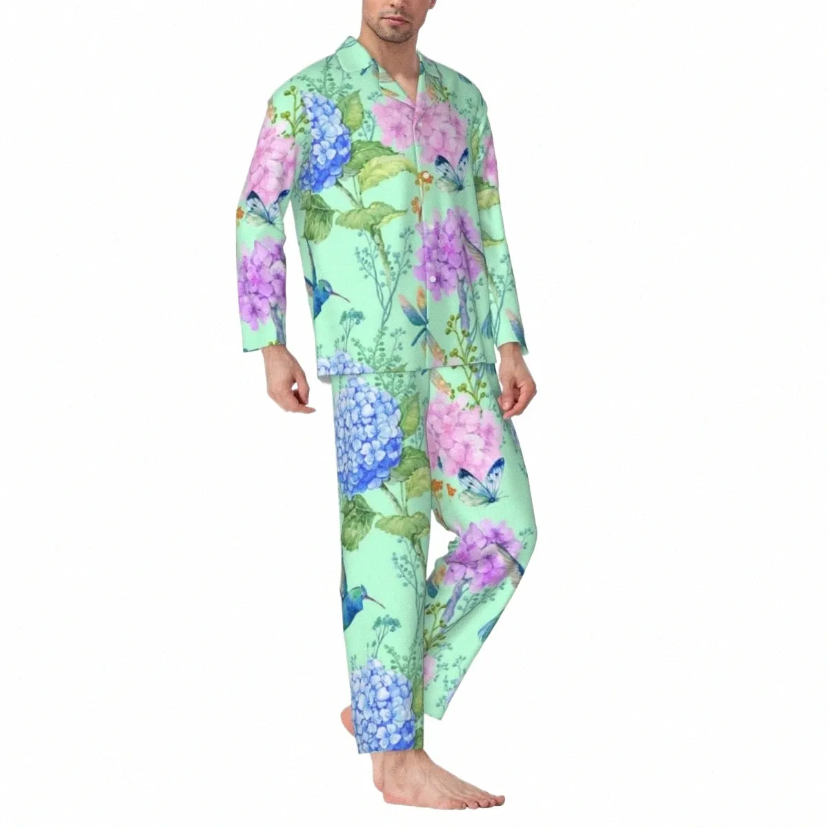 Pigiama da giardino floreale da uomo Stampa farfalla Kawaii Sleepwear per il tempo libero Autunno 2 pezzi Set pigiama dal design oversize vintage 29OX #