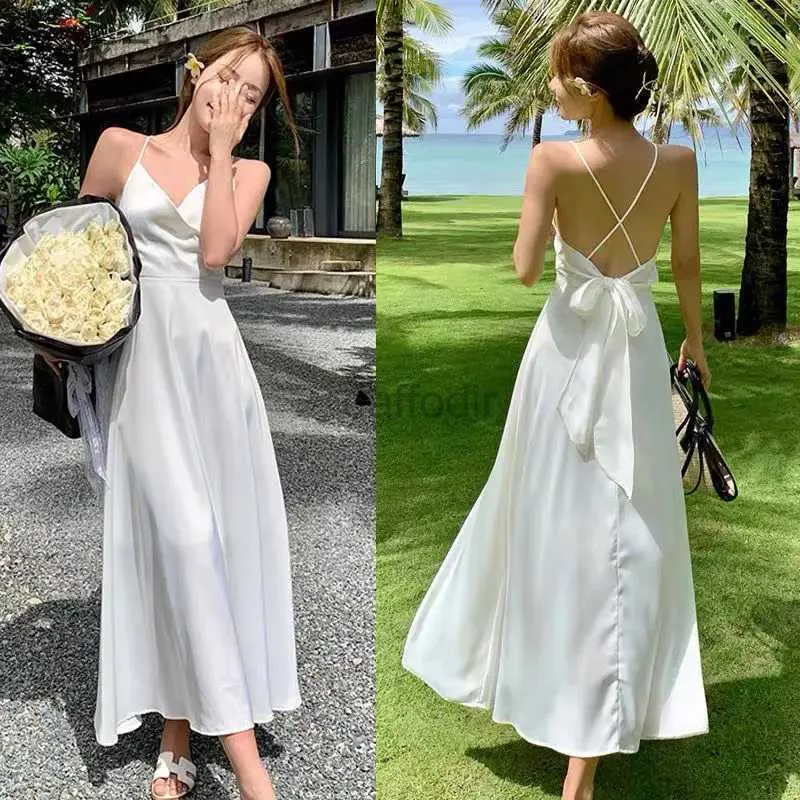 Traje de baño para mujer Vestido de gasa blanco dulce y hermoso vestido largo de verano vestido de playa colgante vacaciones junto al mar 24326