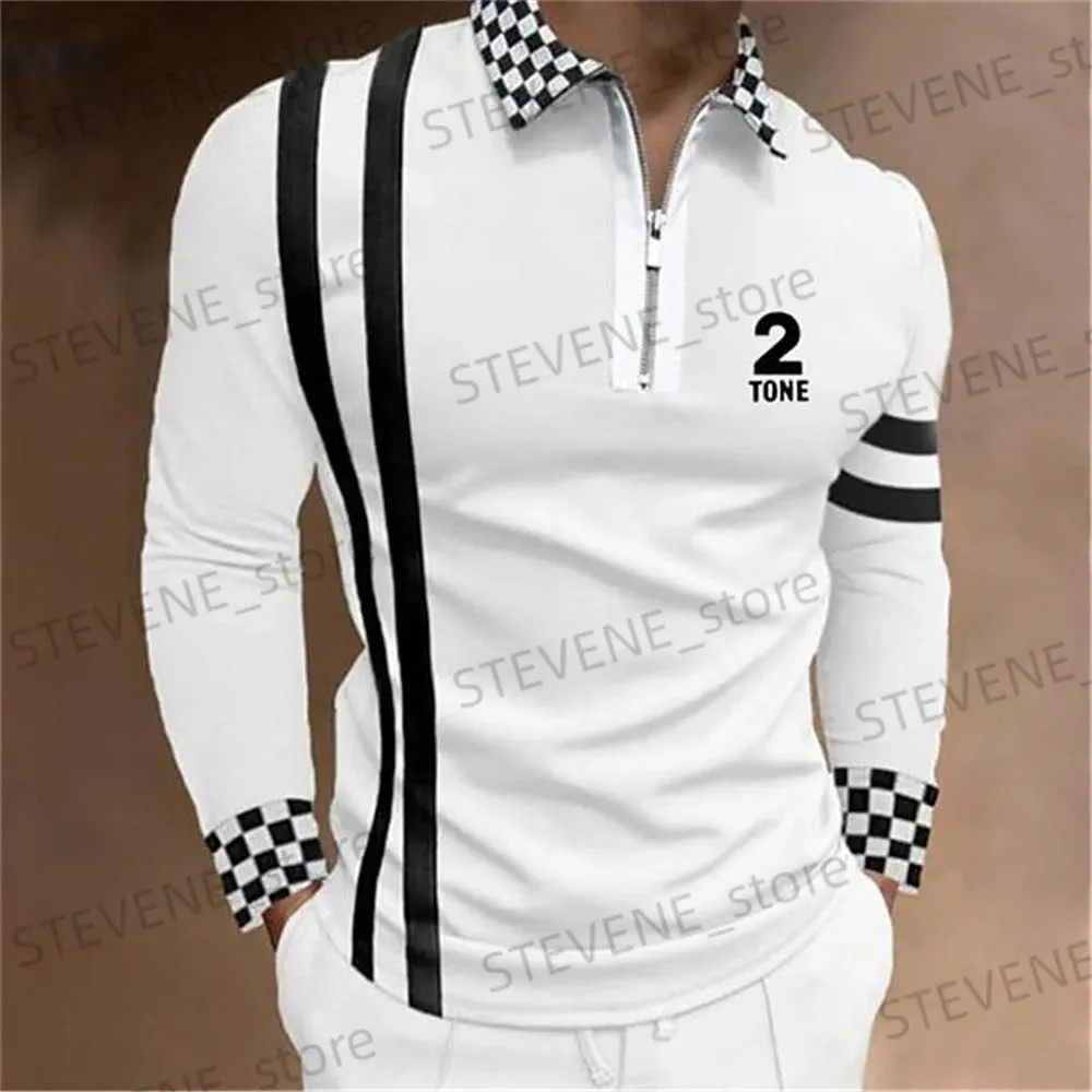 Мужские футболки 2023, новая модная мужская длинная рубашка-поло на молнии с абстрактной одеждой, мужская повседневная рубашка-поло большого размера с лацканами и принтом, S-5XL.Т240325