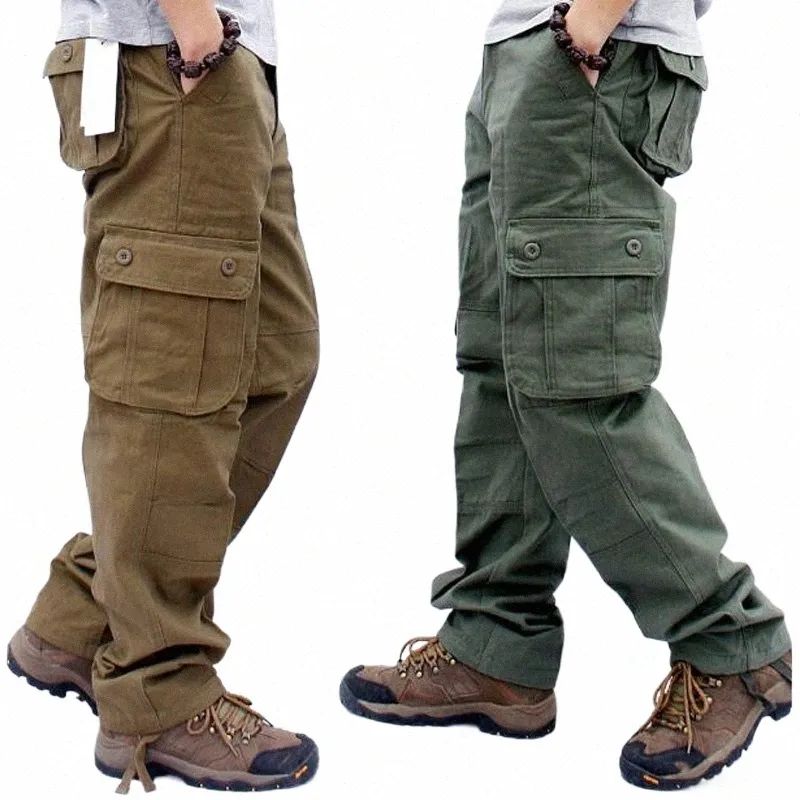 Erkek kargo pantolonları sıradan pamuklu çok cepler askeri taktik pantolon tulum ordu düz slacks lg pantolon artı boyut 44 29el#