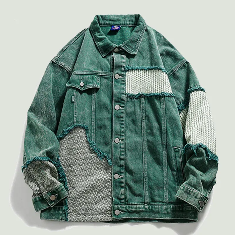 Hip Hop Distressed denim Jacket Men Vintage Harajuku Patchwork Cowboy Coats Streetwear Casual Loose Varsity Jackets Unisex Green 240314