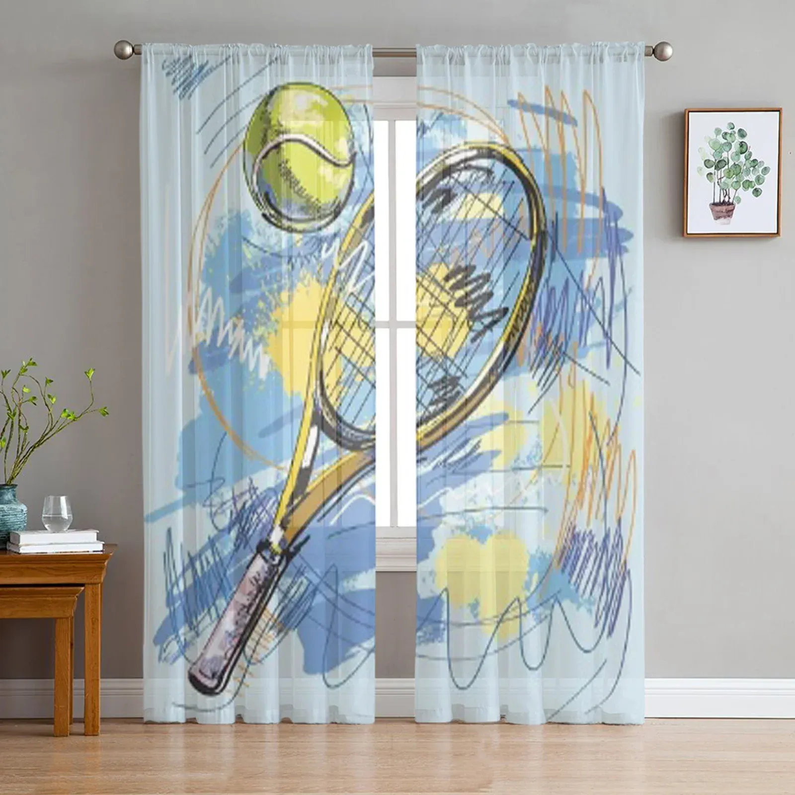 Shutters Tennis Racket And Ball Luxurious Chiffon Sheer Curtains for Living Room Bedroom Decoration Window Voiles Tulle Curtain
