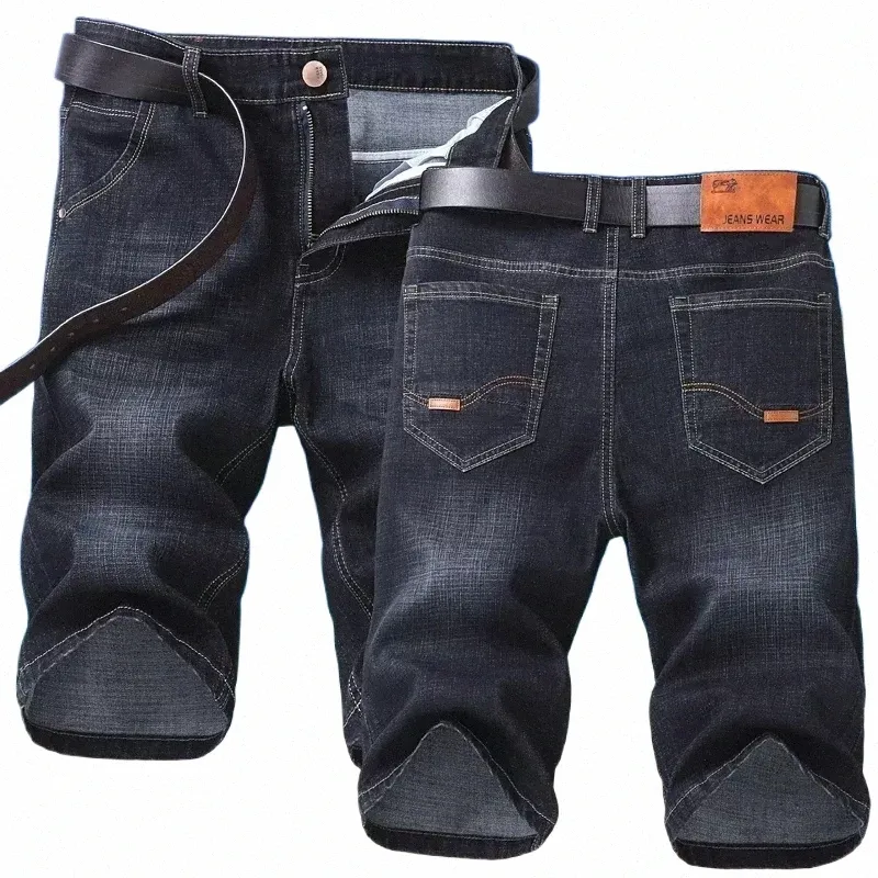 2023 azul macio denim curto para homens verão estiramento leve jean na altura do joelho calças t3v9 #