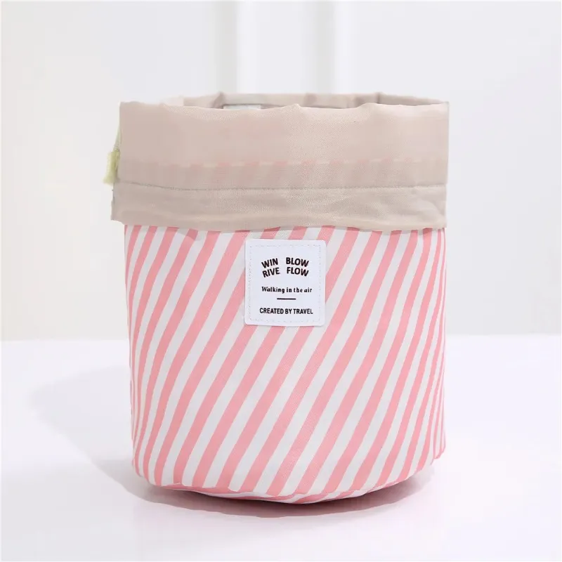 Women Lazy Drawstring Cosmetic Bag Color Cylinder Drawstring Travel Makeup Bag Large Capacity Beauty Makeup Storage Toiletry Kit