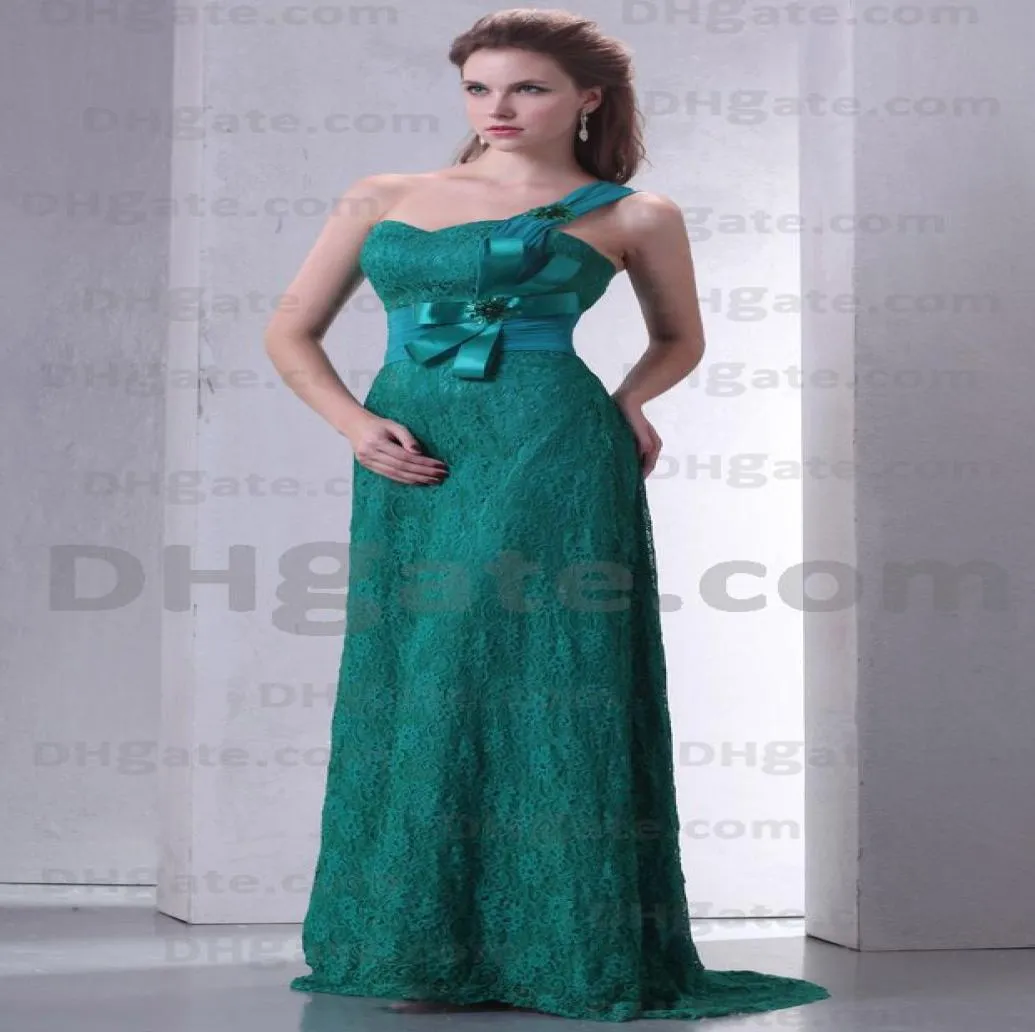 2015 Sexig A Line Party Dresses One Shoulder Lace Prom Dresses Handmased Flower Sweep Train BY0442782421