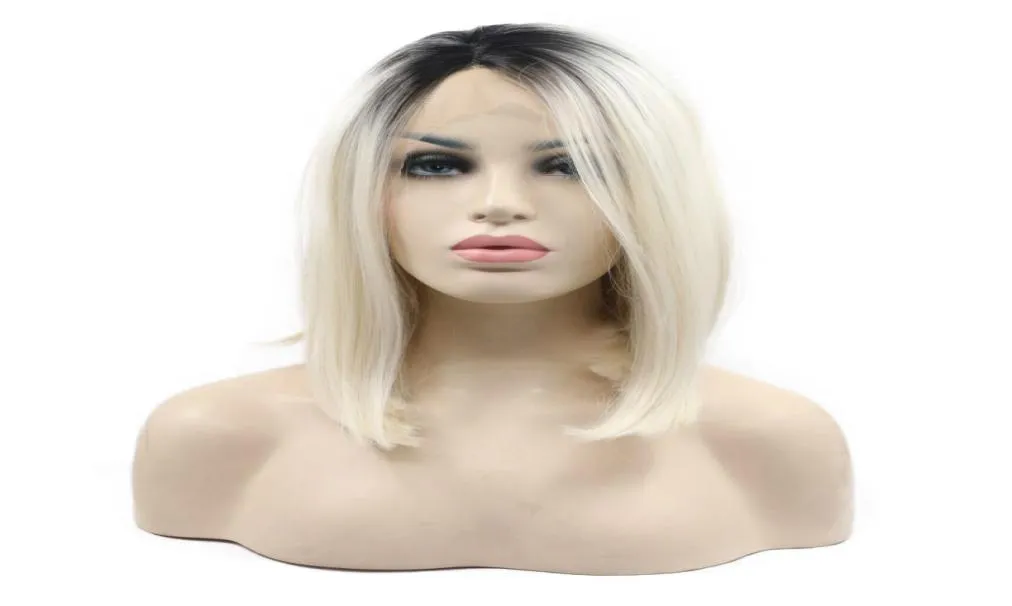 Raízes escuras Ombre Platinum Blonde Bob Penteado Sintético Lace Front Wigs Middle Parting 60 Curto Reto Fibra Resistente ao Calor Ha7991186