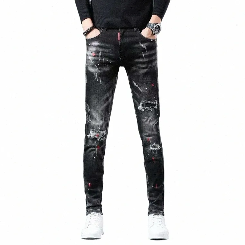 High Street 2022 Fi Casual Jeans déchirés Patch pour hommes Adolescents Cowboy Peinture Spl Encre Noir Crayon Pantalon Skinny Jeans Hommes e5GI #