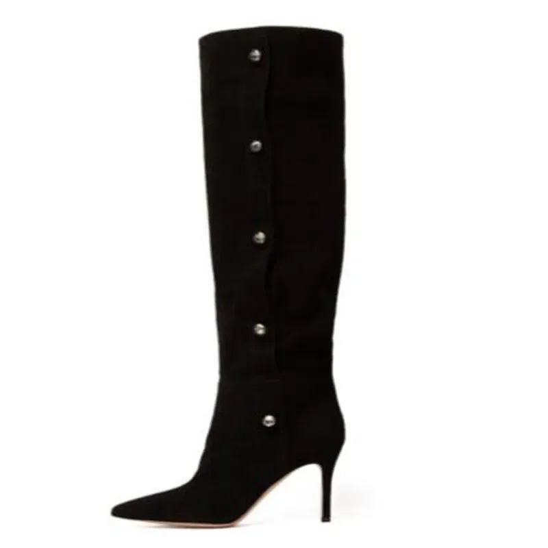 Classique noir daim bout pointu boutons décor talons fins Tube sans lacet genou bottes hautes femmes mode course longue Botas taille 46