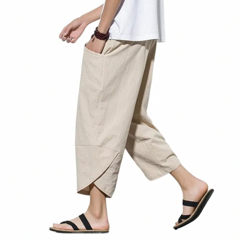 2023 Zomer Mannen Chinese Stijl Cott Linnen Harembroek Mannen Streetwear Ademend Strand Broek Mannelijke Casual Kalf-Lengte Broek v6xM #