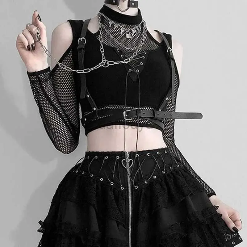 Kadın Tankları Camis Goth Koyu Teknik Giyim Balık Net Açık Omuz Kayışı T-Shirt Alışveriş Merkezi Gotik Grunge Siyah Bandaj mahsulü Üst Bayan Punk Seksi Alt Giyim