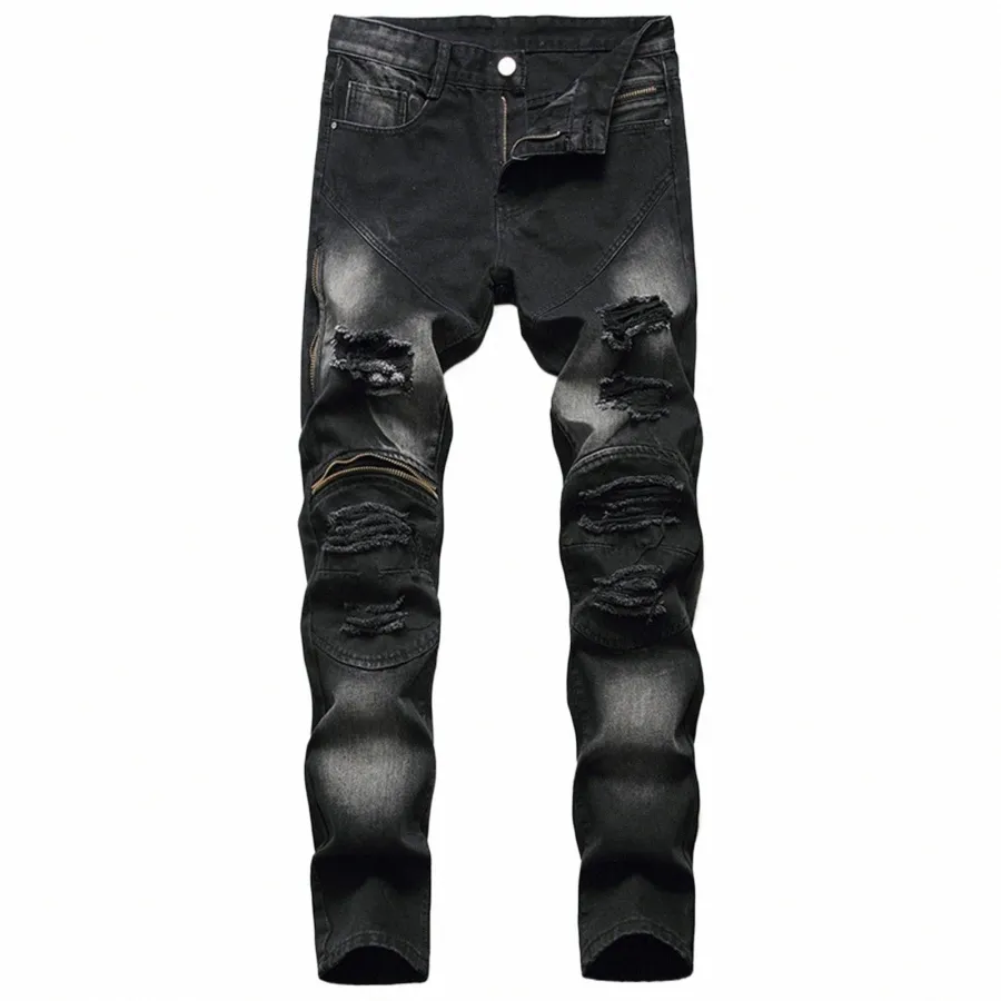 Printemps et été pour hommes Jeans déchirés décontractés Jambe droite Pantalon Fi Jean Coupe droite Pantalon homme garçon chaussette q5VI #