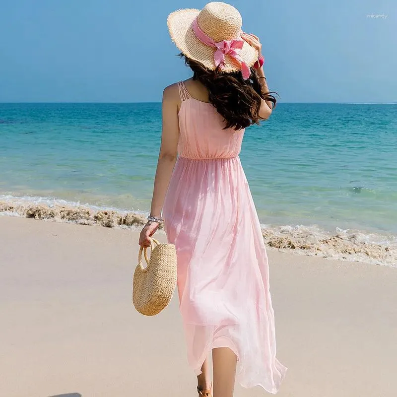 Casual Dresses Pink Dress Women Beach Long Summer Boho Party Real Silk Vestidos Ladies Maxi 2024 LWL1583