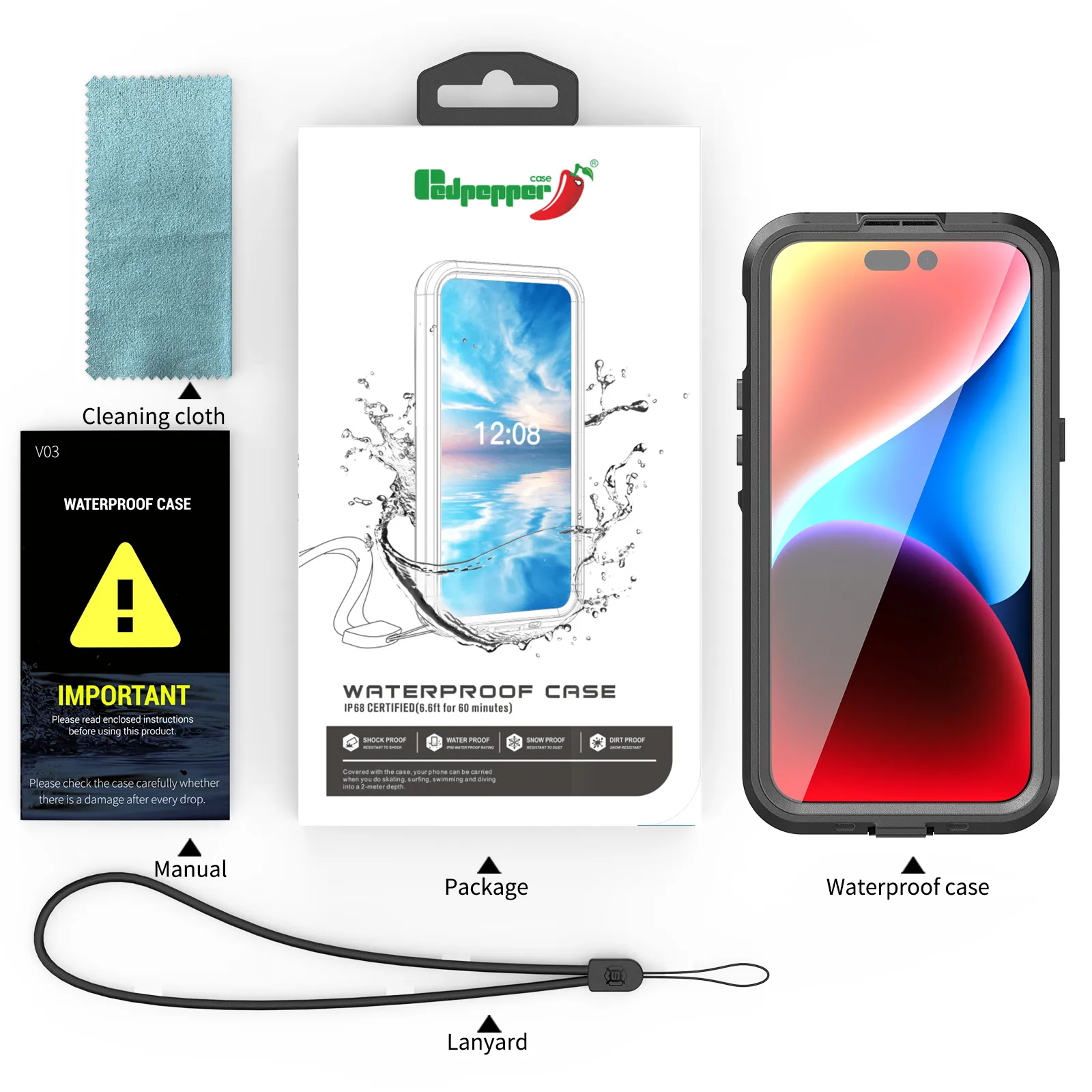 100 ٪ حمراء الفلفل الأحمر IP68 مقاومة للماء لـ iPhone 15 14 13 12 11 Pro Max XS Max XR Case Top Cover Diving Underwater Sweat Sports Sports Case Full Case