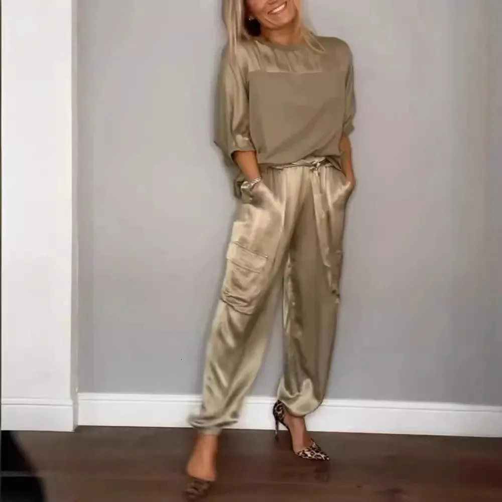 Vår sommar mode fast färg satin två bit set kvinnor rund hals långärmad topp byxor casual lös 240319