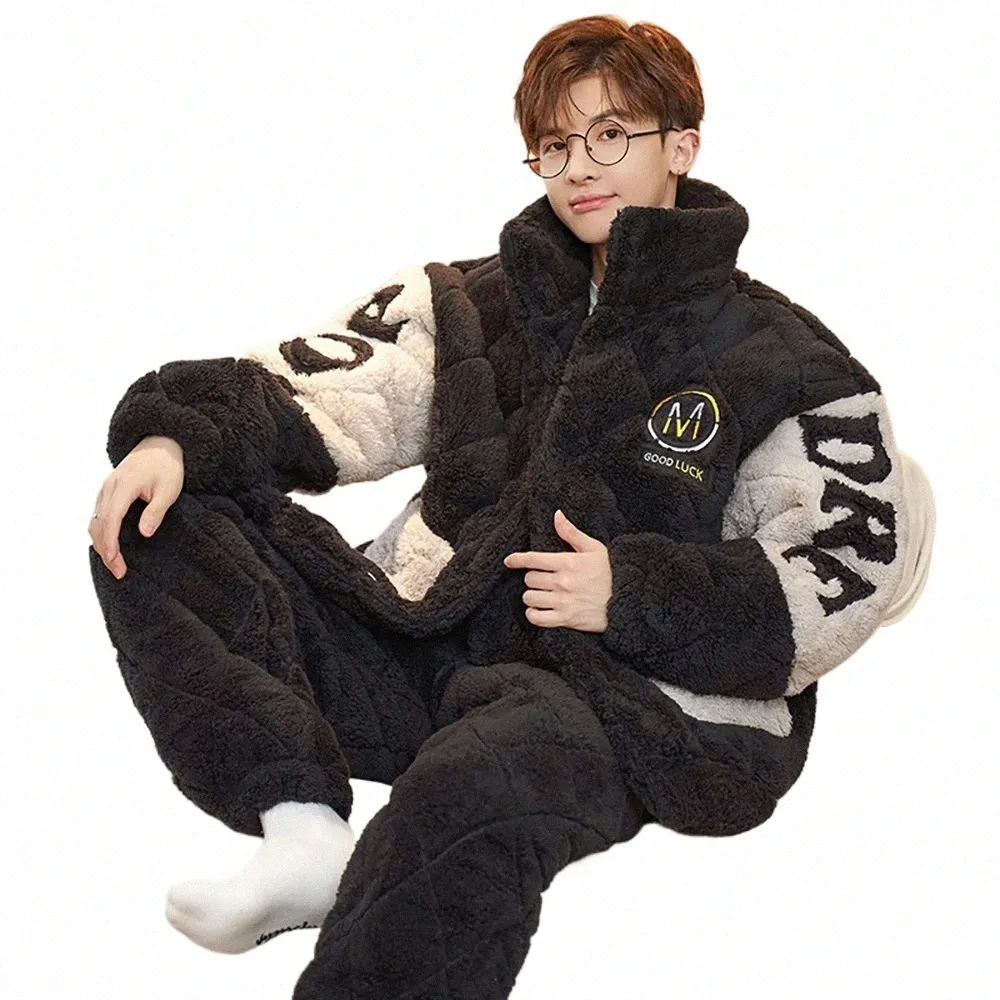 pyjamas d'hiver masculin de style coréen 3 couches super épaississeurs en molleton en peluche chauffante chauffante fixe fijamas t4ga #