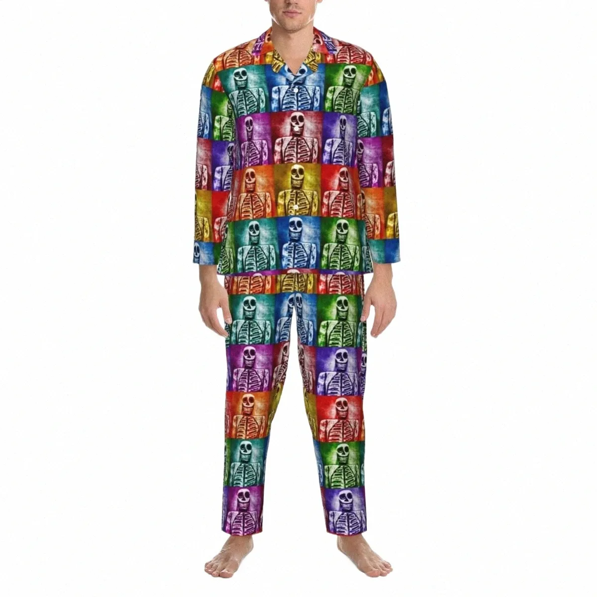 Coloré Skelet Pyjama Set Pop Art Imprimer Confortable Vêtements De Nuit Hommes Lg-Sleeve Casual Chambre Deux Pièces De Nuit Plus La Taille j9fh #