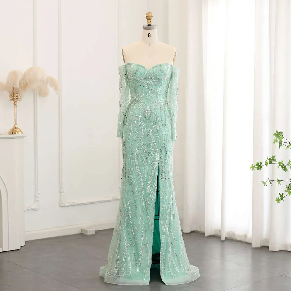 Shoulder Sharon Sage Said Elegant Off Green Mermaid Evening Dresses For Women Wedding Side Slit Long Formal Party Gowns Ss175 mal