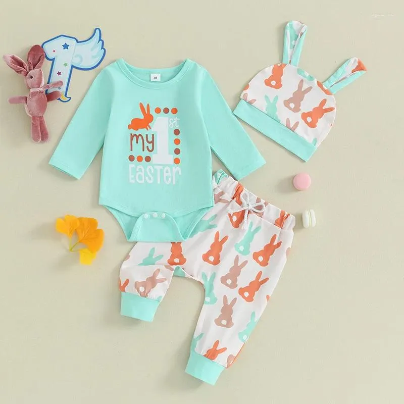 Set di abbigliamento Il mio primo giorno di Pasqua Completo da neonato Born Stampa a maniche lunghe Pagliaccetto Pantaloni Cappello Set Abbigliamento per neonato