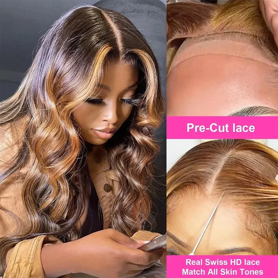 30 40 inch Body Wave Hoogtepunt Pruik Menselijk haar Honingblond Bruin Gekleurd 5x5 Lijmloze vetersluiting Menselijk haarpruiken voor vrouwen