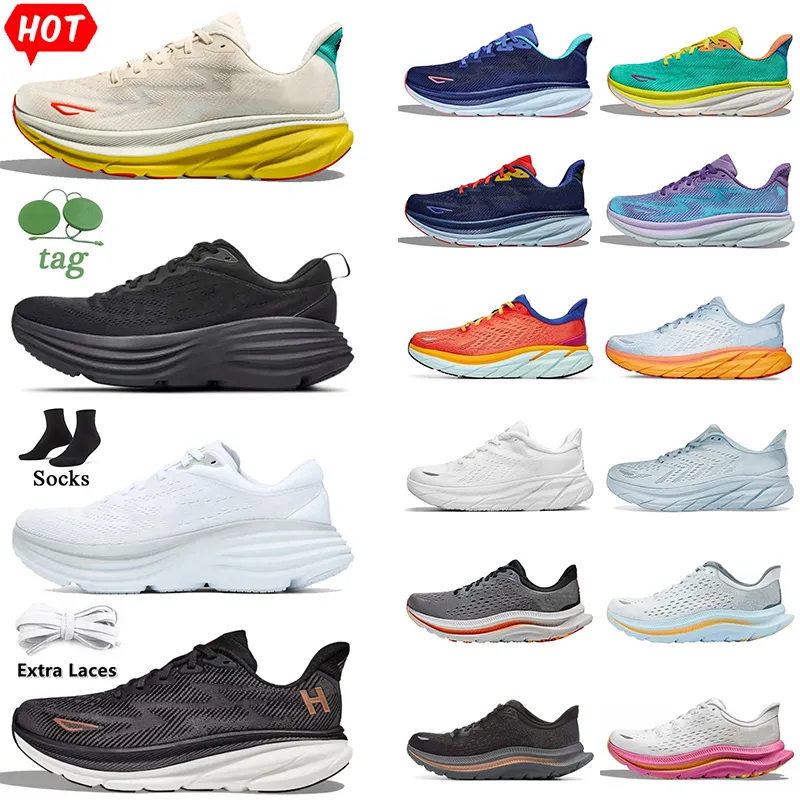 Yüksek kaliteli Clifton 9 Bondi 8 Tasarımcı Spor Koşu Ayakkabıları Ücretsiz İnsanlar Eggnog Üçlü Siyah Beyaz Buz Mavisi Siklamen Tatlı Lila Dış Mekan Jogging Trainers Sneakers