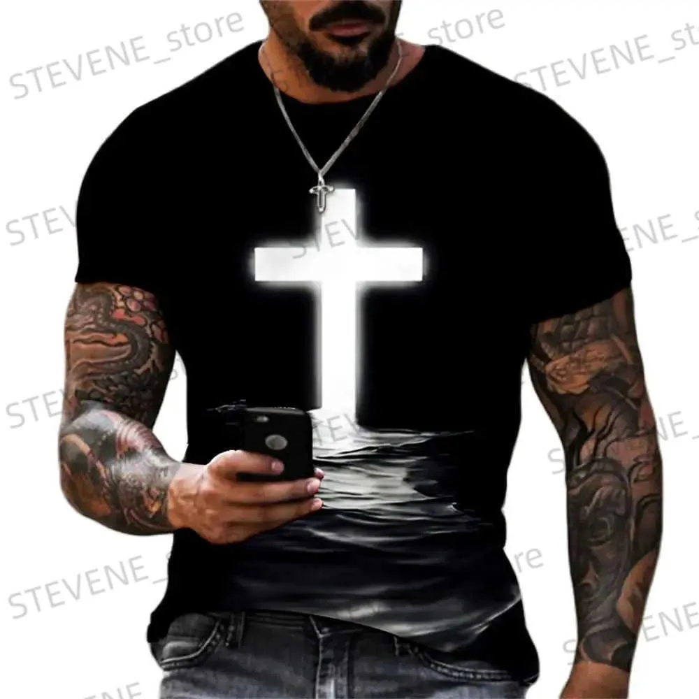 Men's T-Shirts Christian Mens Clothing T Shirts Oversized Vintage T Shirt Gothic Jesus Christ Cross 3D Print O-neck Tops Hip Hop Short Slve T240325