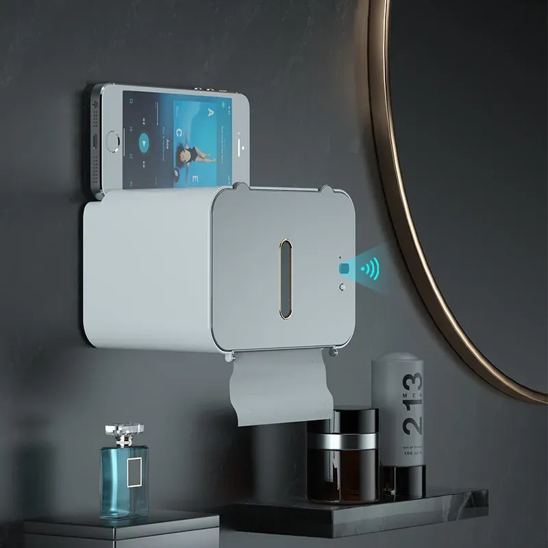 Hållare väggmonterad stansfree induktion toalettpappershållare hyllan automatisk vattentät papper rack toalett dispenser badrum tillbehör