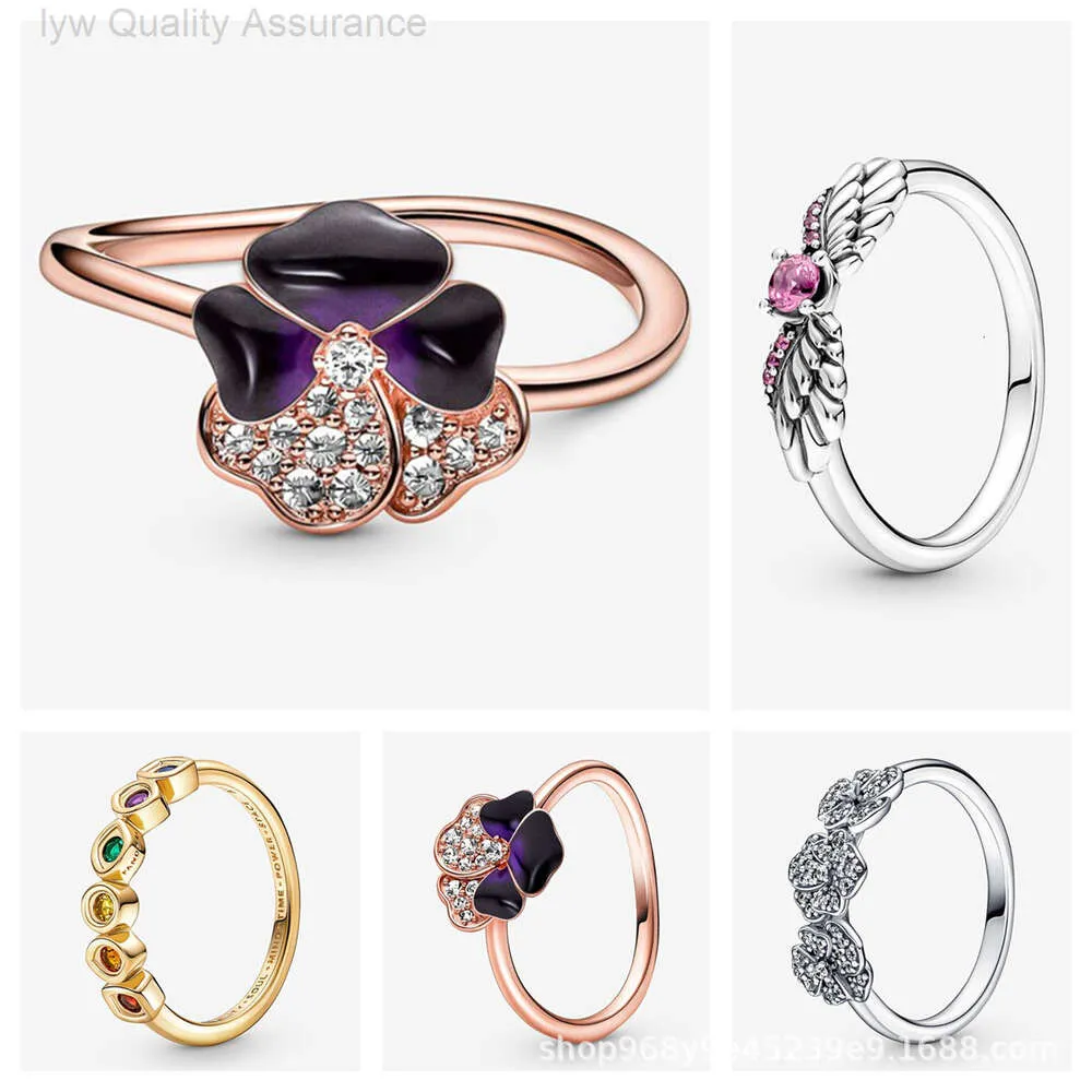 Designer Pandoras Ring Pan Family S925 Ring Blütenblatt -Gradientenfarbe Voller Diamant Engel Wings Pink Diamond Ring Seuchter neuer Stil