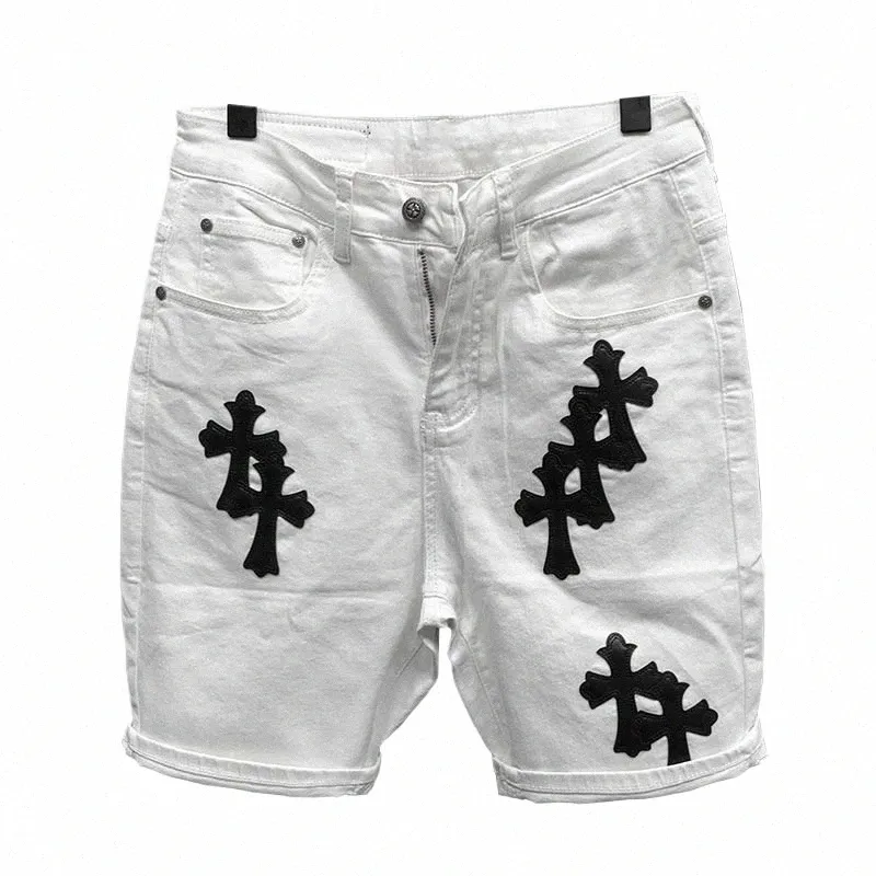 Été Cott Shorts élastiques Style américain Street Fi Marque Brodé Short en denim blanc pour hommes et femmes N8ud #