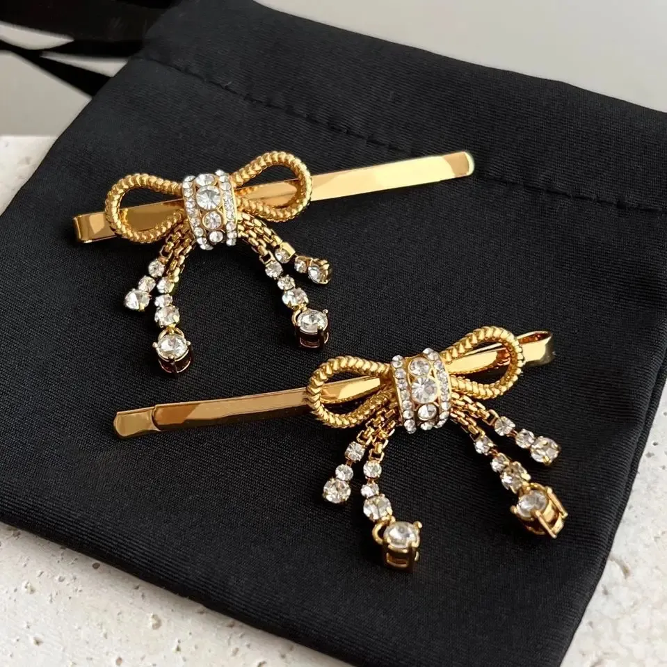 Trendy Crystal Bow Gold Hair Clip Women Fashion Designer Jewelry Accessories Lovely Girl Gift Party 240311
