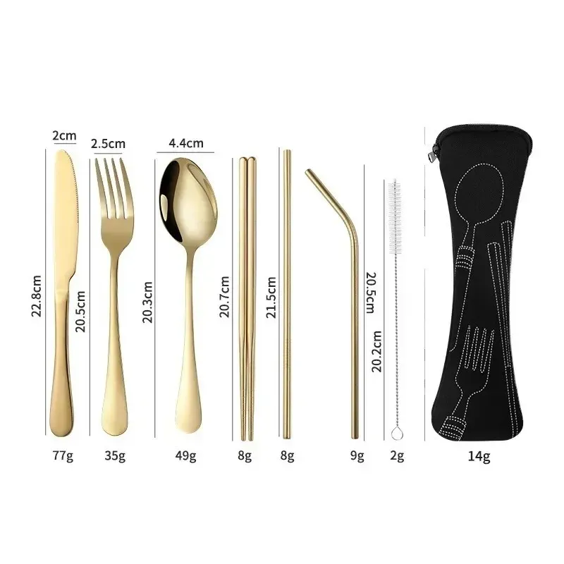 2024 /Set Dinnerware Portable Printed Knifes Fork Spoon Stainless Steel Family Camping Steak Cutlery Tableware with Bag