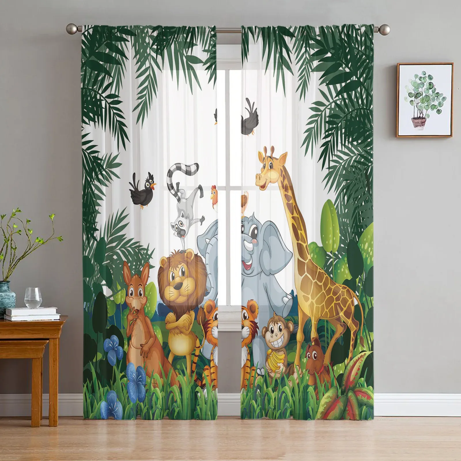 Curtains Tropical Jungle Zoo Cartoon Animal Sheer Curtain for Living Room Bedroom Kitchen Window Decor Giraffe Elephant Tulle Curtains