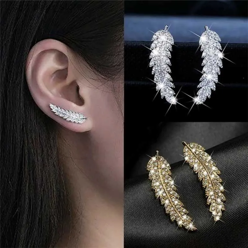 Ear Cuff Ear Cuff 1 paire de magnifiques boucles d'oreilles en plumes boucles d'oreilles à manches grimpeuses luxueuses boucles d'oreilles de mariage en diamant en cristal Y240326