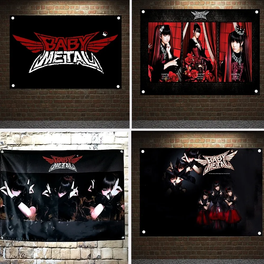 Accessoires "BABYMETAL" 96X144 CM Grande Bannière Drapeaux Rétro Rock Band Logo Affiche Tapisserie Toile Peinture Mur Art Bar Cafés Décoration de La Maison