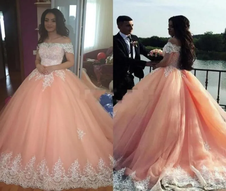 2017 Quinceanera Dresses Blush Pink Arabic Off Shoulder Lace Applique Beads Floor Length Tulle Sweet 16 Plus Size Party Prom Eveni2607816