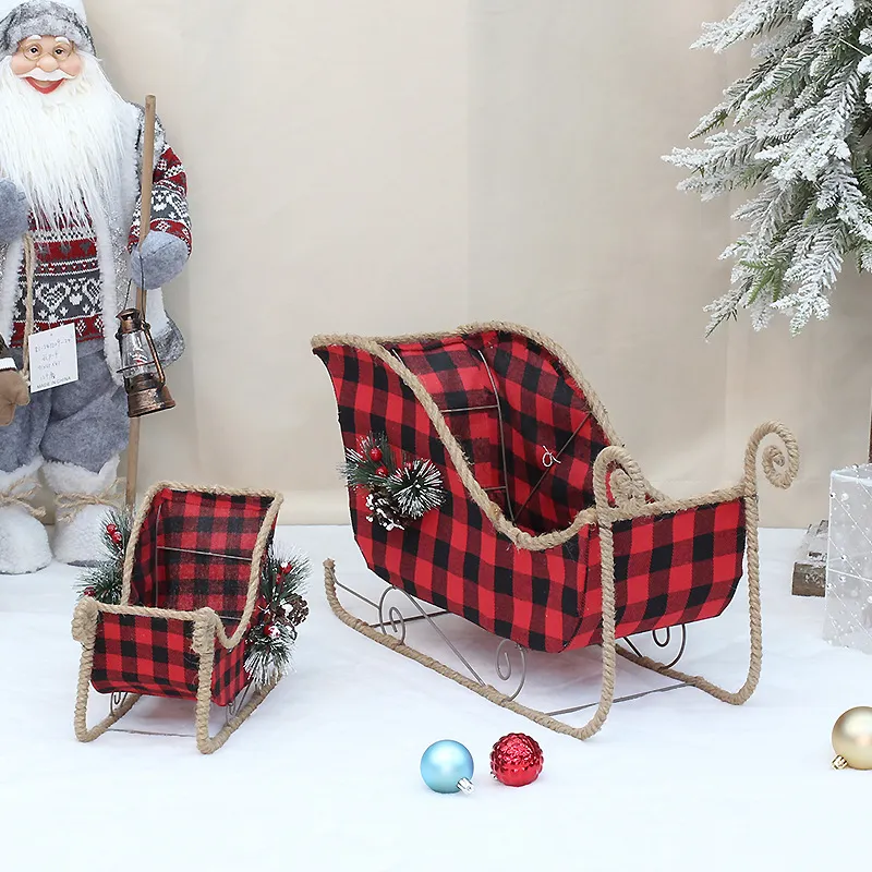 Decoração de Natal New Magenta Black Check Ploth Pine Cone Pine Reliche Lattice Decated Christmas Snow Deer Car