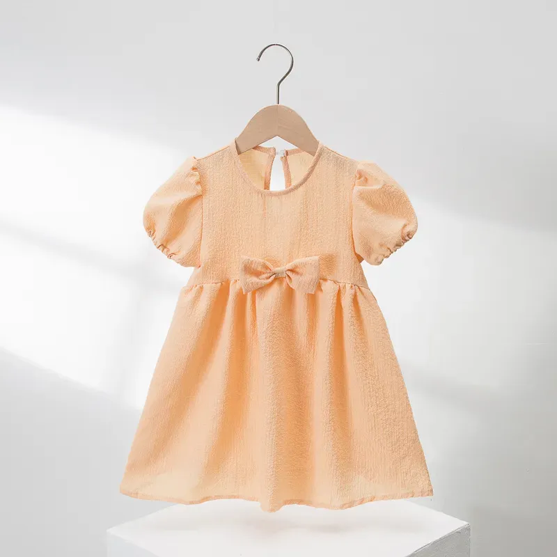 Summer Kids Girls Bow Dress Puff Sleeve Macaron Color Children Princess Dresses Clothes M4146