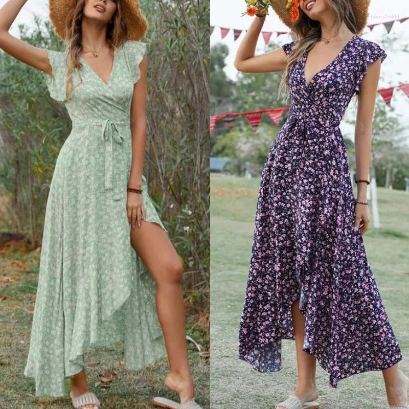 Abiti casual Estate stile bohemien stampato abito floreale per le donne vacanza al mare vita alta sexy scollo a V orlo irregolare femminile lungo