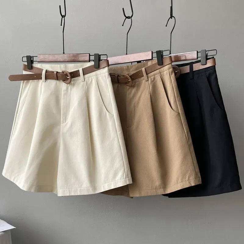 MEXZT Belt Pure Cotton Shorts Women High Waist Wide Leg A Line Suit Shorts Office Lady Solid Loose Casual All Match Short Pants 240312