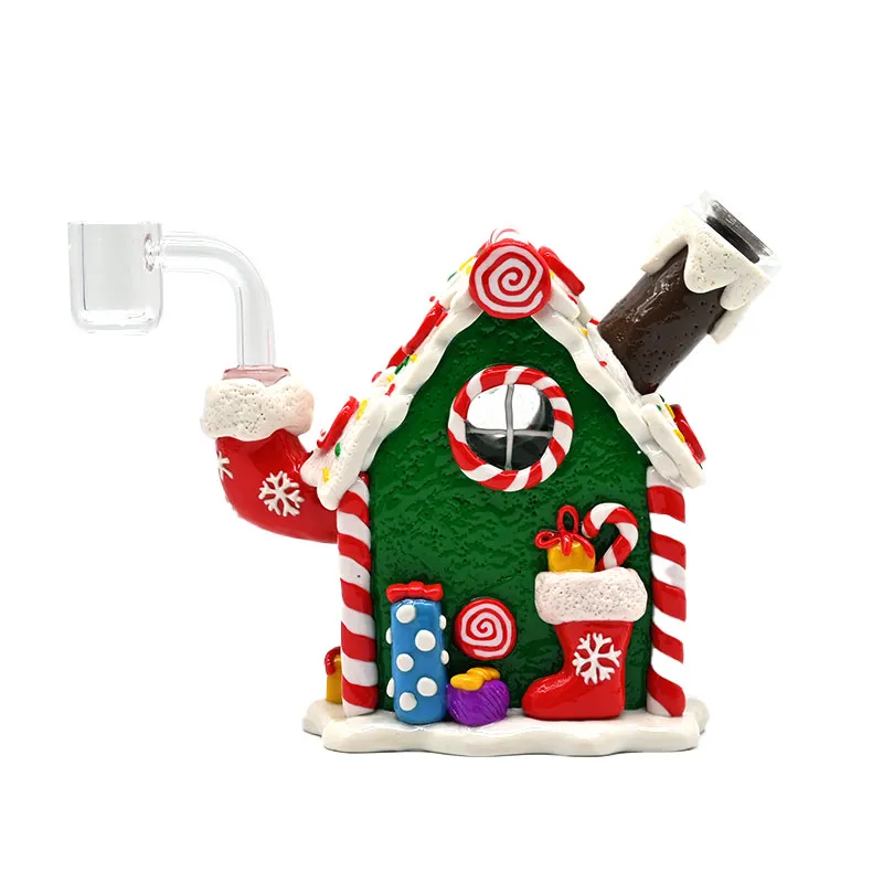 5.1in Glass Water Pipe,Polymer Clay Christmas Theme Glass Smoking Item With Cartoon House,Santa Claus,Handicraft Ornament For Festive home Office Living Room,Bong