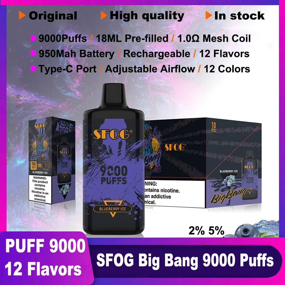 SFOG original puff 9000 disposable vapes Big Bang 9000 puff 9k vape device 18ml e-liquid 1.0Ω mesh coil 2% 5% 12 flavors vaper 950mah rechargeable electronic cigs vapor pen