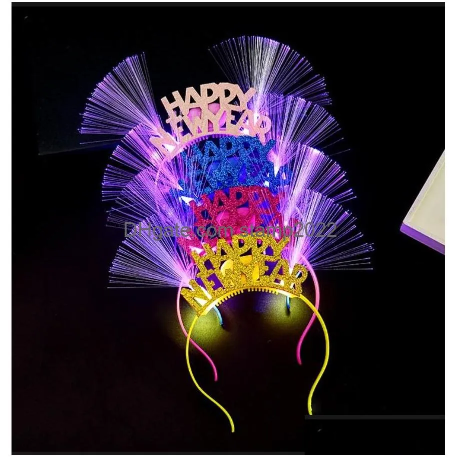 Decoração de festa LED Ano Headband Light Up Fibra Óptica Cabelo Hoop Brilhante Sparky Glitter Headdress Tiaras Decorações de Feriado Drop D Dhumk