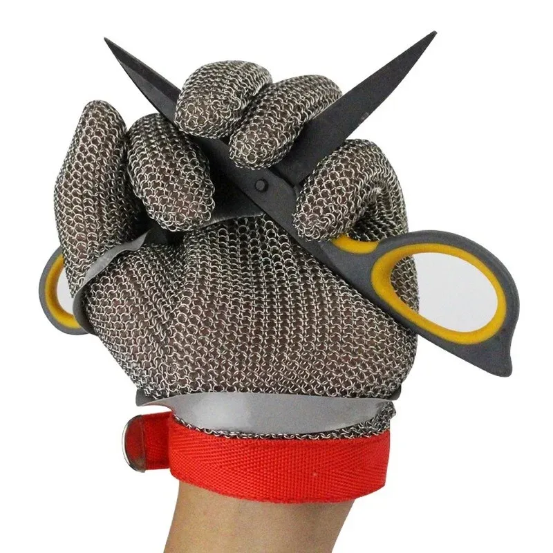 1 paar anti-snij-staaldraad beschermende handschoenen, anti-elektrische scharen slachtmachines klasse 5 roestvrijstalen ringhandschoenen
